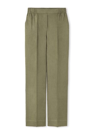 Pantalones de lino verde oliva con un diseño de pierna ancha, cinturilla elástica y pliegues frontales, que presentan una textura suave y un acabado limpio.
