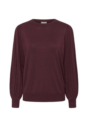 Burgundy long-sleeve sweater with ribbed puffed shoulders and cuffs, crafted from soft knit fabric with a round neckline.