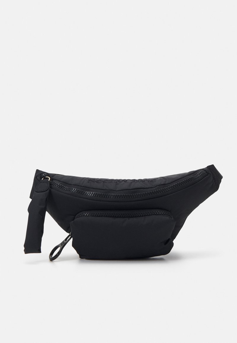 Sac banane en nylon noir avec deux compartiments zippés et une sangle réglable, conçu pour transporter des effets personnels les mains libres.