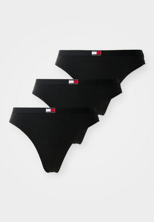 Black cotton bikini underwear set, featuring a smooth texture, elastic waistband, and a small branded logo in red, white, and blue on each pair.