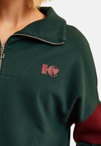 Felpa verde con zip e collo alto, con dettagli bordeaux e un logo sul petto sinistro. Realizzata in tessuto testurizzato.
