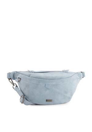 Light blue suede fanny pack with a curved shape, a top zipper closure, adjustable strap, and subtle logo accent on the front.