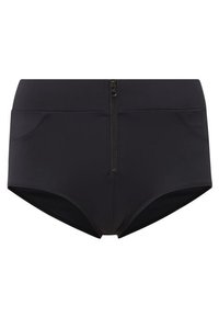 Černé plavkové šortky s vysokým pasem z pružné tkaniny, s předním zipem a dvěma postranními kapsami pro pohodlí.