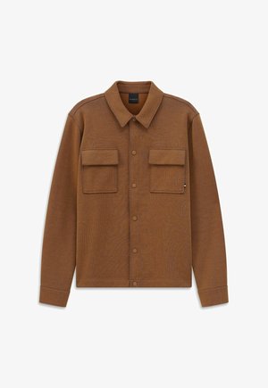 Braunes Langarmhemd aus strukturiertem Stoff. Verfügt über einen Kragen, zwei Brusttaschen und einen geraden Saum mit Knopfverschluss.