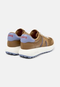 Brown leather sneakers with blue accents, white soles, and red "CAMPER" branding on the heel. Simple lace-up design. Textured finish.