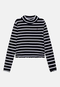 Schwarz-weiß gestreiftes Langarm-Top mit Rollkragen, kurzem Schnitt und gewelltem Saum. Mit kleinem Logodetail auf der Brust.