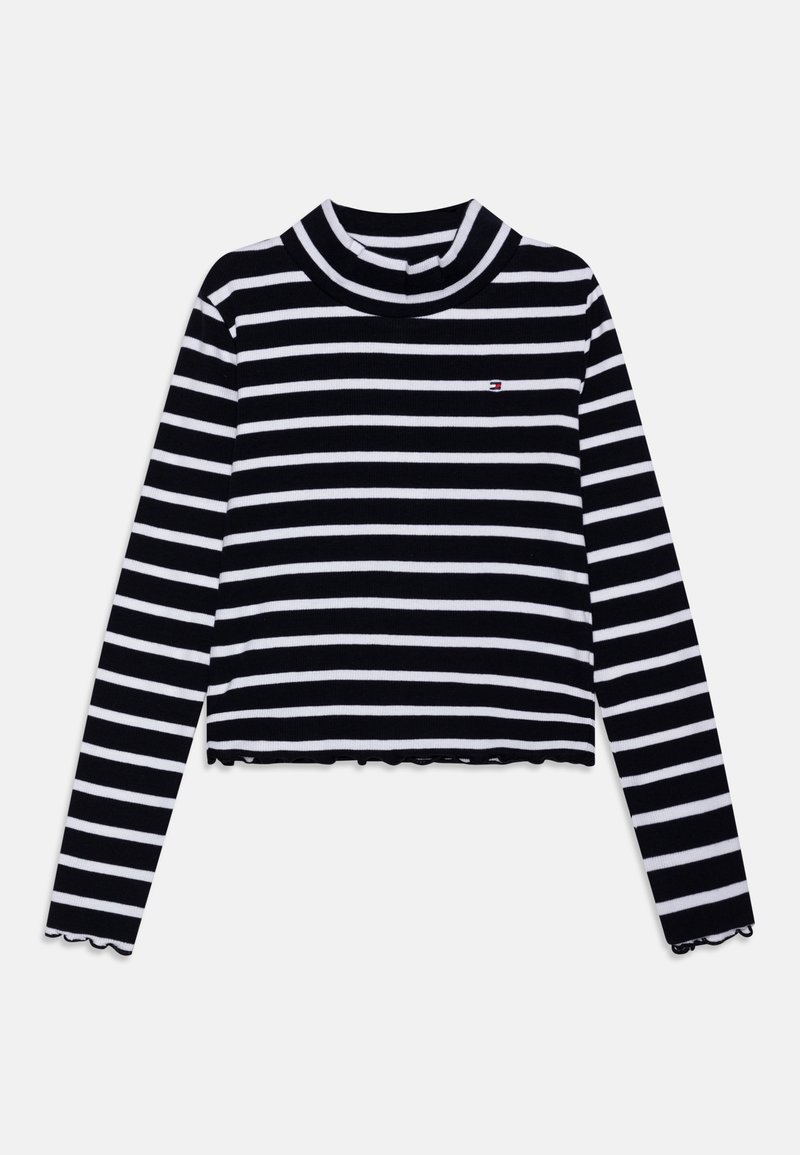 Schwarz-weiß gestreiftes Langarm-Top mit Rollkragen, kurzem Schnitt und gewelltem Saum. Mit kleinem Logodetail auf der Brust.