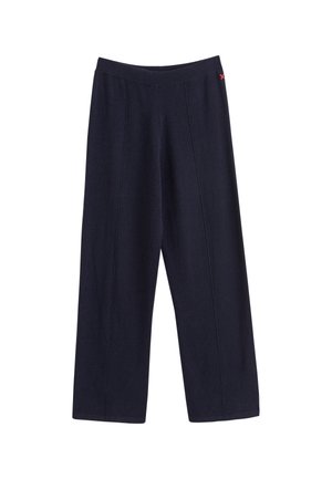 Marine blauw wijde broek gemaakt van een gestructureerde stof, met een rekbare tailleband en twee voorste naden voor ontwerpdetails.
