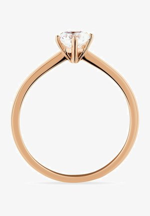 Rosenvergoldeter Ring mit einem einzelnen rundschliff Diamanten, der in einer vierklauigen Fassung sitzt, sowie einem glatten, polierten Band.