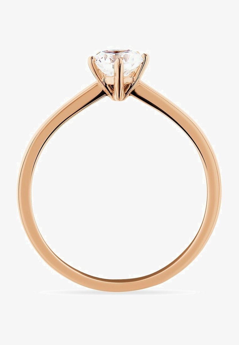 Rosenvergoldeter Ring mit einem einzelnen rundschliff Diamanten, der in einer vierklauigen Fassung sitzt, sowie einem glatten, polierten Band.