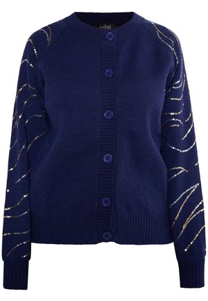 Navyblauwe cardigan met een ronde hals, voorzien van vijf paarse knopen, geribde boorden en decoratieve metallic draadpatronen op de mouwen.