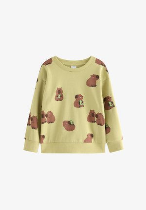 Hellgrüner Pullover mit wiederholten braunen Tiermotiven, von denen einige grüne Gegenstände halten. Rundhalsausschnitt, lange Ärmel und anliegende Bündchen.