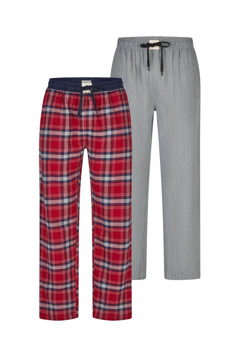 Rood geruite pyjamabroek met marineblauwe tailleband en grijs gestreepte pyjamabroek met elastische tailleband. Beide hebben aantrekkoorden.