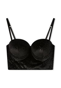 Bra nero in velluto con accenti luccicanti, dotato di coppe imbottite e spalline regolabili. Texture liscia e design strutturato per il supporto.