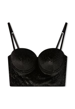 Bra nero in velluto con accenti luccicanti, dotato di coppe imbottite e spalline regolabili. Texture liscia e design strutturato per il supporto.