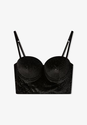 Bra nero in velluto con accenti luccicanti, dotato di coppe imbottite e spalline regolabili. Texture liscia e design strutturato per il supporto.