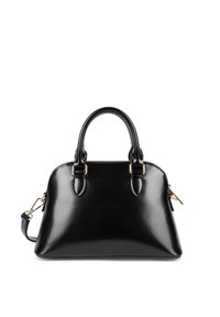 Sac à main en cuir noir de forme arrondie, avec deux poignées supérieures, une bandoulière amovible, des accessoires en métal doré et une texture lisse et brillante.