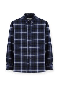 Camicia a check in blu navy e nero con accenti bianchi, caratterizzata da maniche lunghe, colletto e bottoni neri sulla parte anteriore.