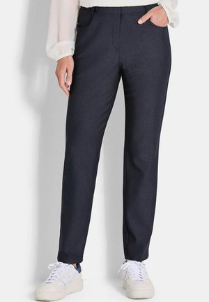 Marinekleurige broek van een gladde, lichte stof met een rechte snit, voorzien van voorzakken en een veilige tailleband.