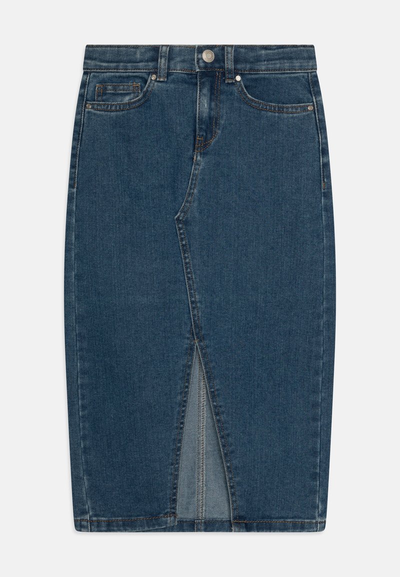 Sötétkék farmer ceruzaszoknya elülső hasítékkal, öt zsebbel, gombos záródással és ellentétes varrással.