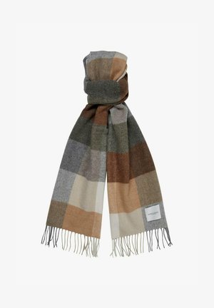 Wollen sjaal, met een ruitpatroon in grijstinten, bruin en crème. Afgewerkt met franjes en een klein logo label.