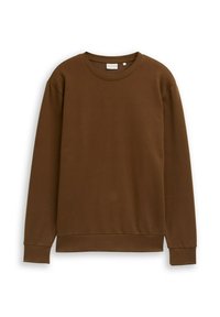 Bruine katoenen sweatshirt met lange mouwen, ronde hals en geribbelde manchetten. Glad van textuur met een eenvoudig ontwerp, voorzien van een klein logo aan de zoom.