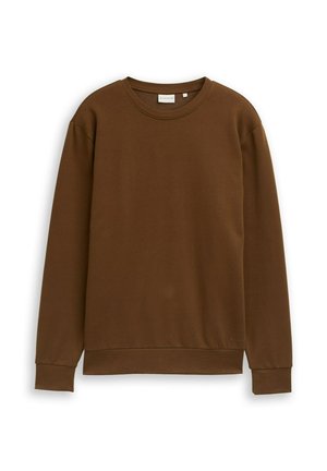 Brown cotton sweatshirt with long sleeves, crew neck, and ribbed cuffs. Smooth texture with a simple design, featuring a small logo on the hem.