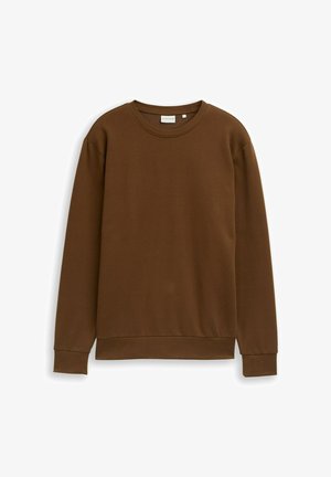 Brown cotton sweatshirt with long sleeves, crew neck, and ribbed cuffs. Smooth texture with a simple design, featuring a small logo on the hem.