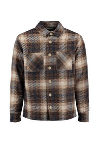 Tjekket flannel skjorte i brune, marineblå og cremefarvede nuancer. Har en krave, knaplukninger og to brystlommer. Tekstureret stof.