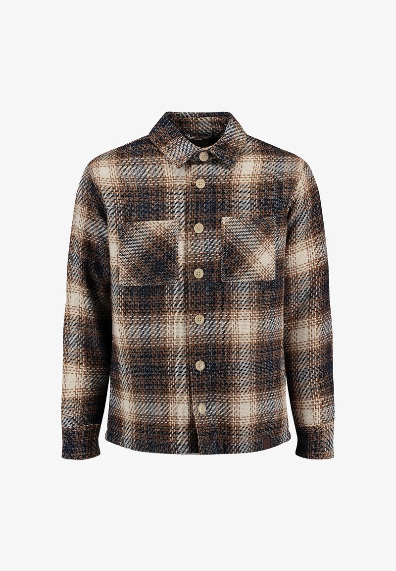 Checkered flannel shirt in brown, navy, and cream. Features a collared neck, button closures, and two chest pockets. Textured fabric.