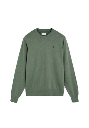 Jersey verde de manga larga con cuello redondo, puños y dobladillo acanalados, con un pequeño logo oscuro en el pecho izquierdo.