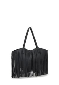 Bolso tote de cuero negro con detalles de flecos largos y doble asa de hombro sobre un fondo blanco.