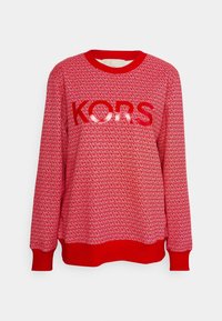 Felpa rossa con un motivo alogo ripetuto, scollatura rotonda, maniche lunghe e polsini e orlo a coste. Sul davanti è ben visibile la scritta "KORS".
