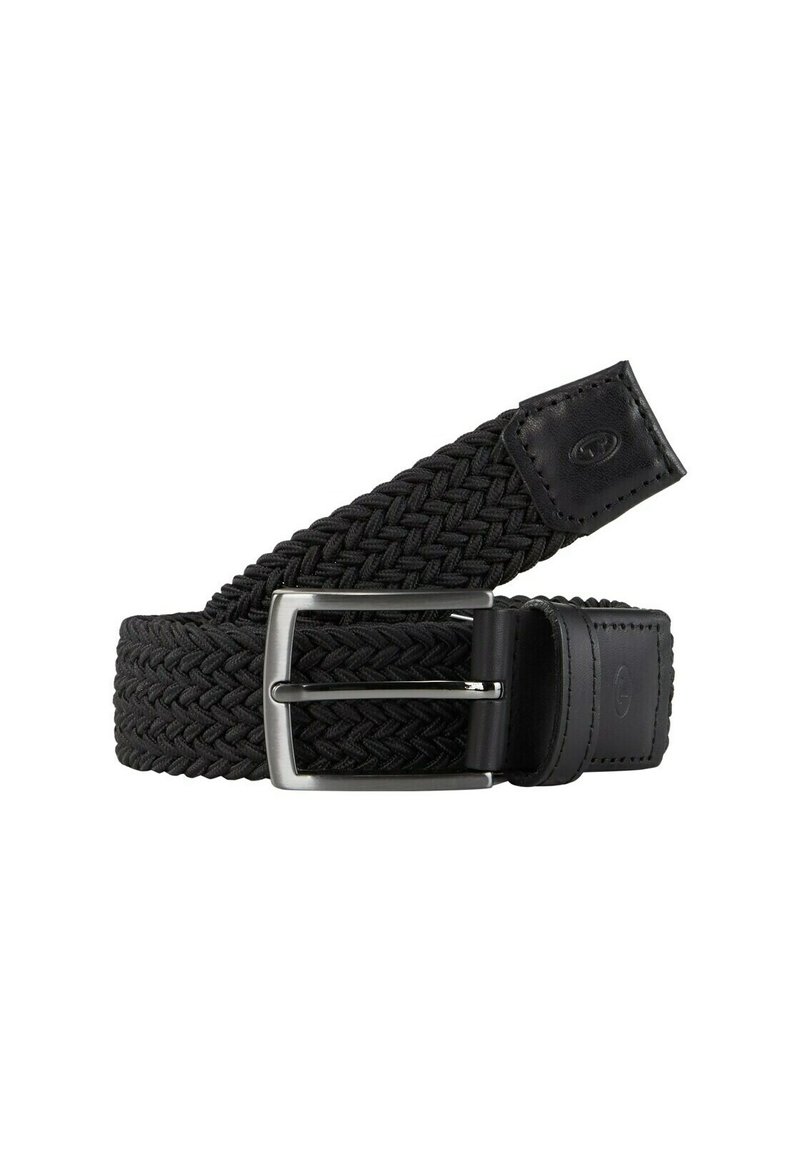Ceinture tissée noire avec une boucle en métal argenté et des accents en cuir. Présente un design de tresse texturée et une forme de boucle rectangulaire.