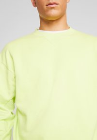 Sudadera verde clara con cuello redondo, mangas largas y una textura suave. Detalle de costura visible en el cuello.