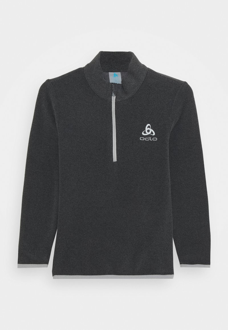 Dunkelgrauer Fleece-Pullover mit einem halben Reißverschluss, hohem Kragen und langen Ärmeln. Verfügt über ein kleines weißes Logo auf der linken Brust und Kontrastnähten.