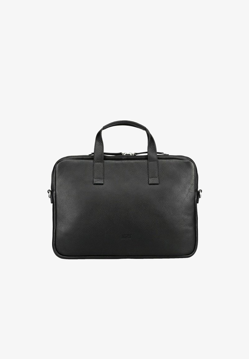 Schwarze Lederaktentasche mit einer strukturierten Oberfläche, zwei Griffen, Reißverschluss und einer schlanken rechteckigen Form. Verfügt über dezentes Branding.