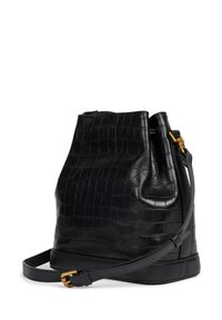 Black leather bucket bag with croc-embossed texture, gold hardware accents, adjustable strap, and a soft, slouchy silhouette.