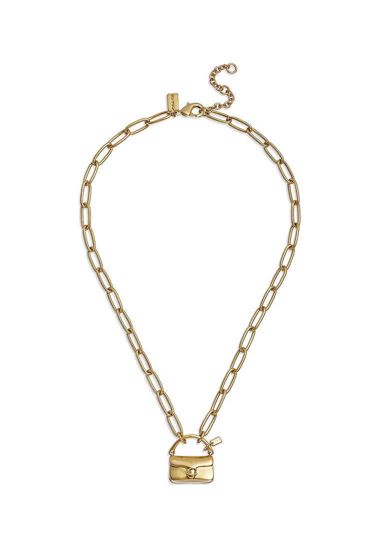 Złocona łańcuszek z dużymi ogniwami i małym wisiorkiem w kształcie zamka. Wisiorek ma gładką, błyszczącą powierzchnię z detalem w kształcie otworu na klucz.