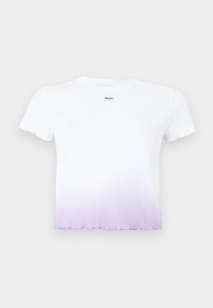 White short-sleeve ribbed crop top with a subtle purple gradient at the hem and a small Moschino label on the chest.