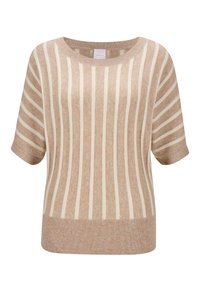 Beige gebreide trui met korte mouwen, met verticale witte strepen op het lichaam en horizontale strepen op de mouwen, ronde halslijn.