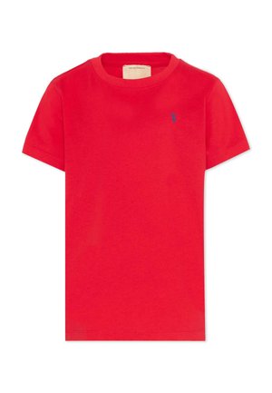 Maglietta rossa a maniche corte con scollo tondo e piccolo logo blu sul petto sinistro, mostrata su sfondo bianco.