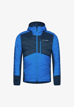 Giacca imbottita blu e navy con cappuccio, zip frontale, tasca sul petto e logo VAUDE sul lato sinistro del petto.