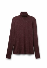 Burgunderfarbener Rollkragenpullover aus strukturiertem Stoff mit langen Ärmeln und lockerer Passform. Das Material hat durchgehende mehrfarbige Sprenkel.
