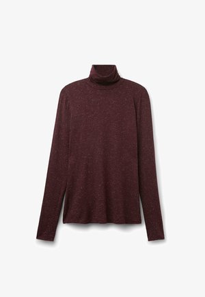 Bordeaux turtleneck top lavet af struktureret stof med lange ærmer og en løs pasform. Materialet har multicolorede sprøjt over det hele.