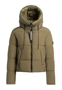 Olive green puffer jacket with a high collar, zip closure, and two front pockets. Features black drawstrings and KHUJO logo on the zipper.