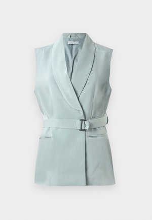 Helles blaues ärmelloses Blazer mit einem Schalkragen, tailliertem Bund und zwei seitlichen Taschen, aus einem glatten, leicht glänzenden Stoff gefertigt.