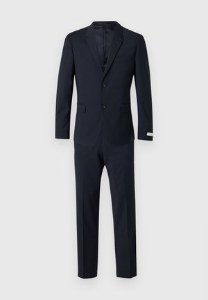 Navy blue suit made of smooth fabric; features a single-breasted blazer with two buttons, notch lapels, and flat-front trousers.