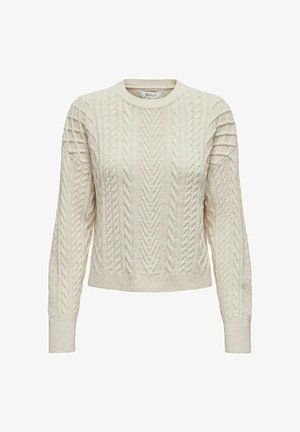 Maglione crema a trecce con scollo rotondo, maniche lunghe e motivi a punti strutturati. Orlo e polsini a coste. Materiale morbido e confortevole.