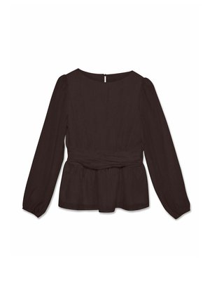 Juoda palaidinė ilgomis rankovėmis, apvali iškirptė, surinkta juosmens detalė ir šiek tiek praplėstas apačios kraštas, parodyta išskleista ant balto fono.